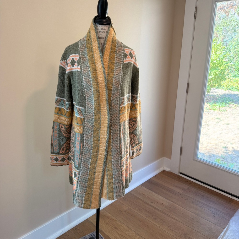 Angie Women's Green/Peach Southwest Design Open Front Cardigan Size M